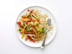 Kung po Turkey stirfry with steamed brown rice
