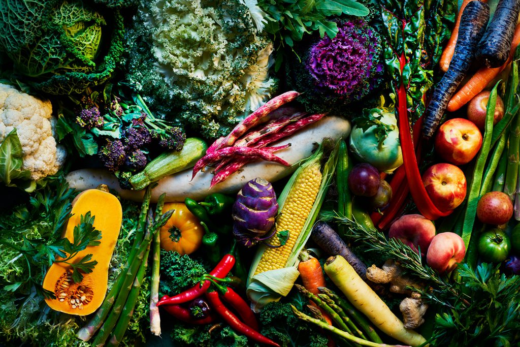 colourful array of fruit and vegetables