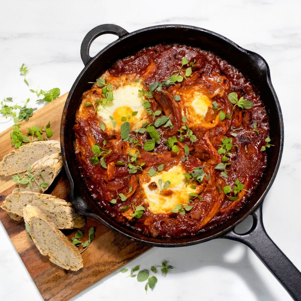 FFF baked egg dish served in a pan