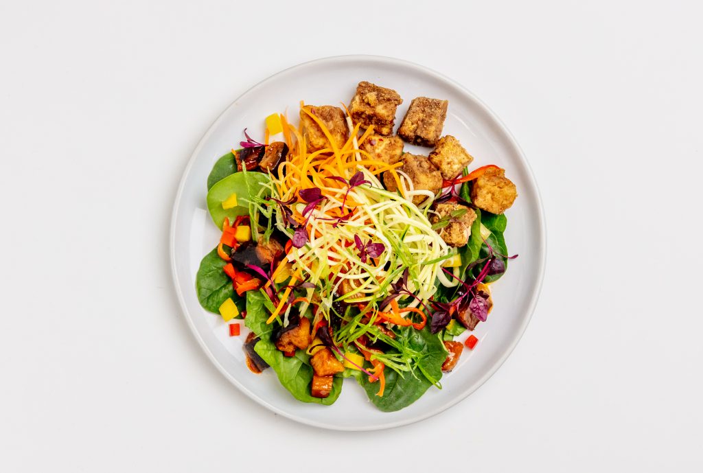 Sweet and Sour Tofu with Aubergine and Rice Noodles